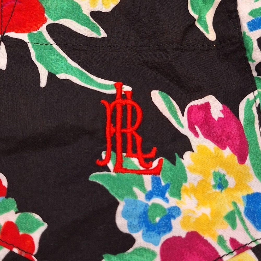 Lauren Ralph Lauren Shirt Dress S Blk Floral Cotton LRL Monogram Mini 3/4 Sleeve - Picture 4 of 9